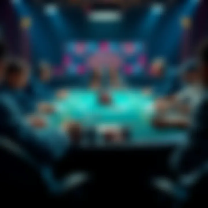 A poker table with cards, chips, and players engaged in a game, blending online and live poker experiences.