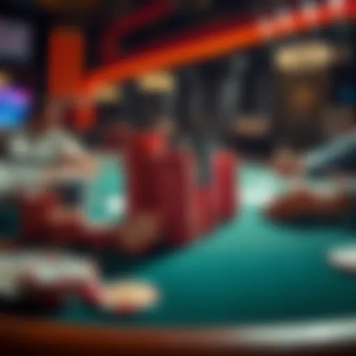 A poker table showing chips stacked high and playing cards spread out as players strategize their next move in a $5 Rock NLH game