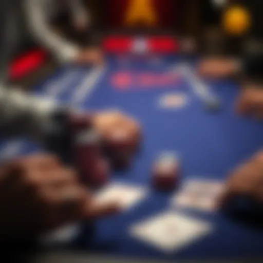 A poker table with chips and cards being rearranged, showing a player considering a move.