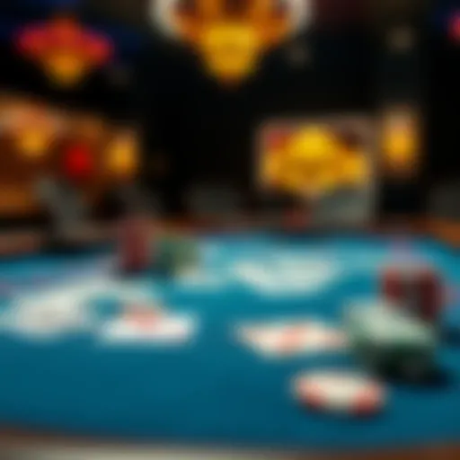 A Texas Hold'em poker table featuring stacked chips and playing cards during a game
