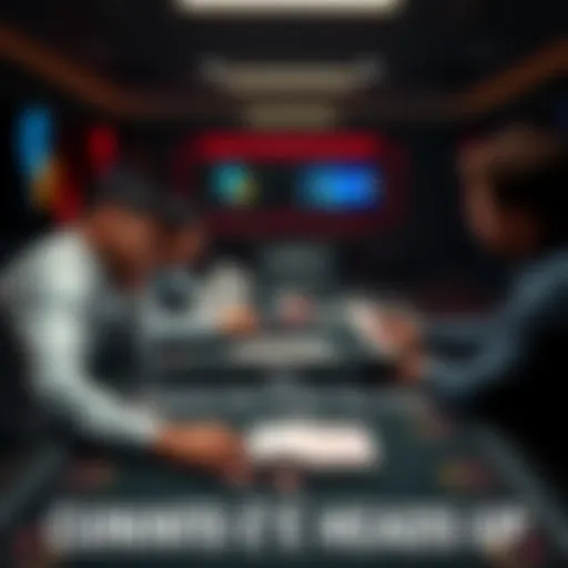 Three players at a poker table debating rules while examining cards and chips