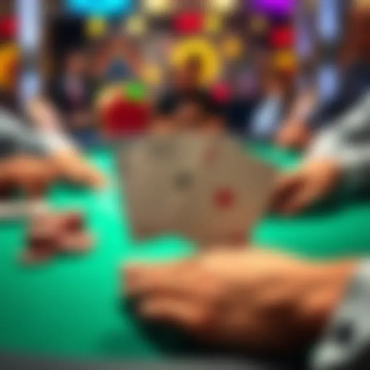 A colorful poker table displaying two pairs of cards held by a player, with chips and a blurred background of other players, illustrating a tense poker situation.