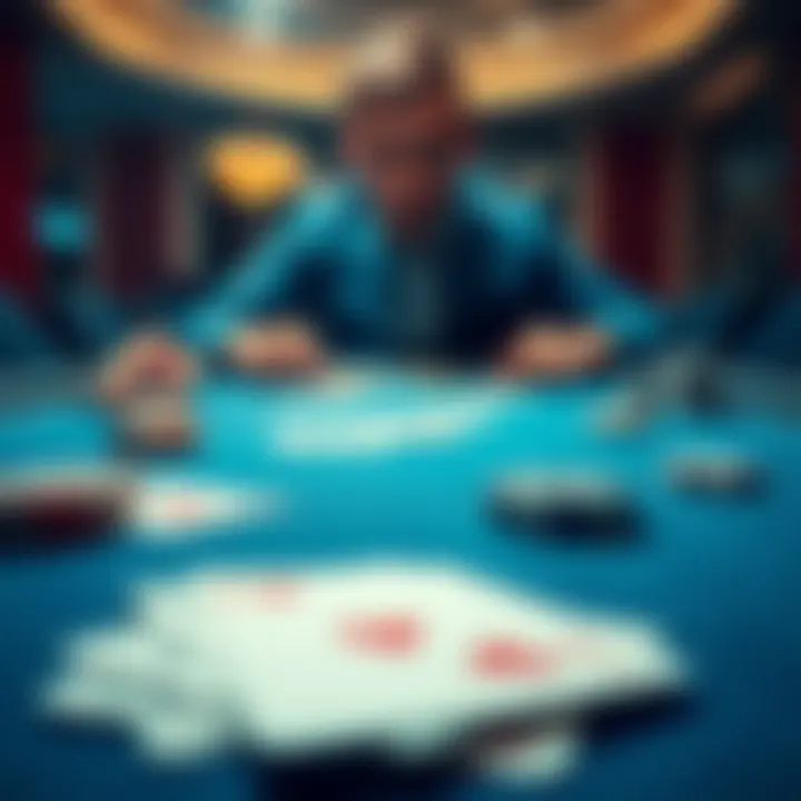 A close-up view of a poker table featuring playing cards, chips, and a focused player in the background considering their next move.