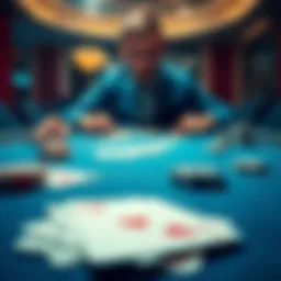 Poker Table with Playing Cards A close-up view of a poker table featuring playing cards, chips, and a focused player in the background considering their next move.