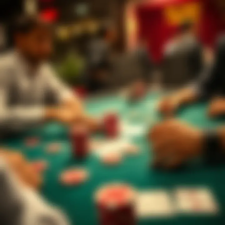 A poker table with chips and cards, featuring two players engaged in a game, one looking pleased after a bold move