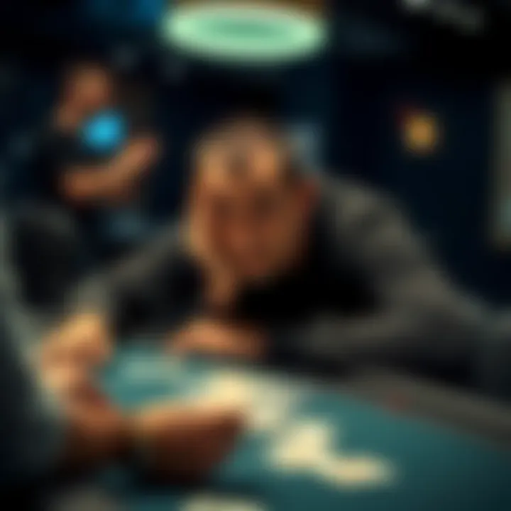 A concerned poker player sitting at a table looking at their cards, highlighting the risks of unreliable online poker rooms.