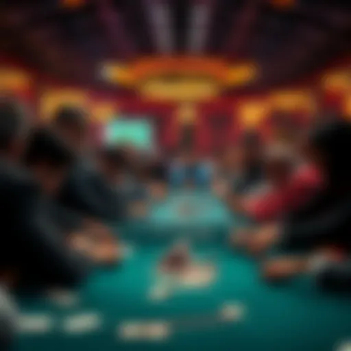 A crowded poker table with players focused on their cards at the WSOP Main Event