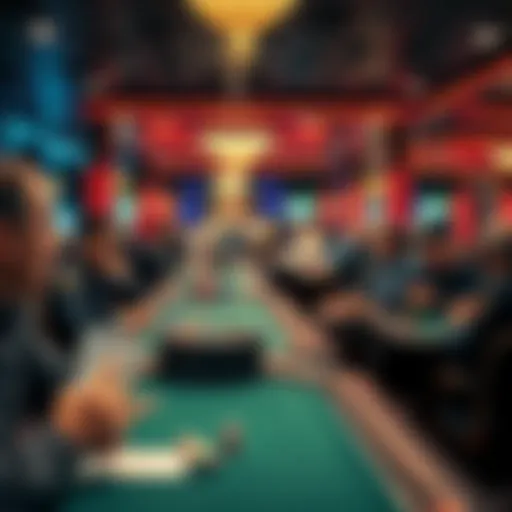 Close-up view of poker tables with players discussing rake fees at the only casino in town.