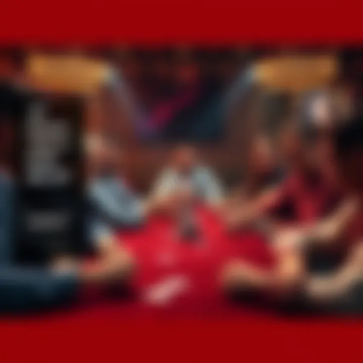 Players gathered around a poker table, excited for the tournament, with cards and chips ready.