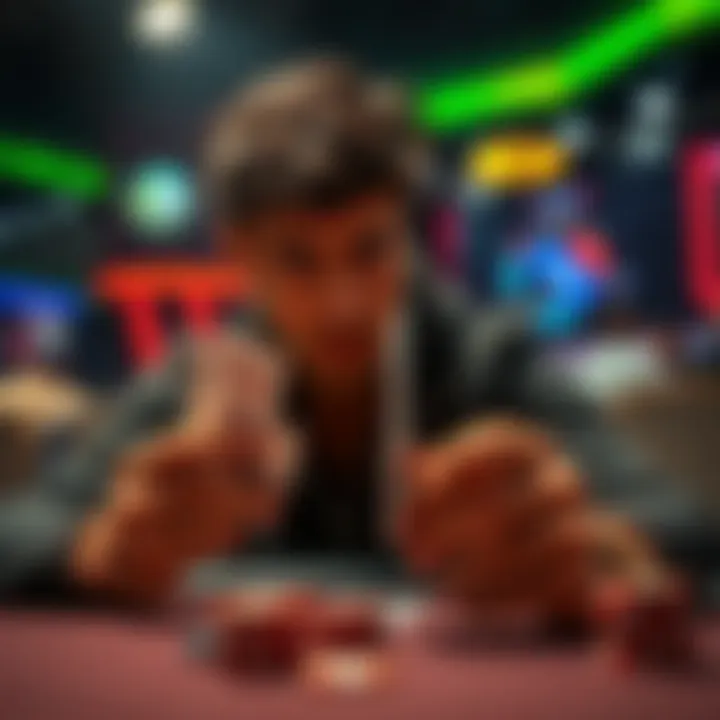 Poker tournament action A poker player looks at their cards after an all-in move, showing tension and anticipation during the game.