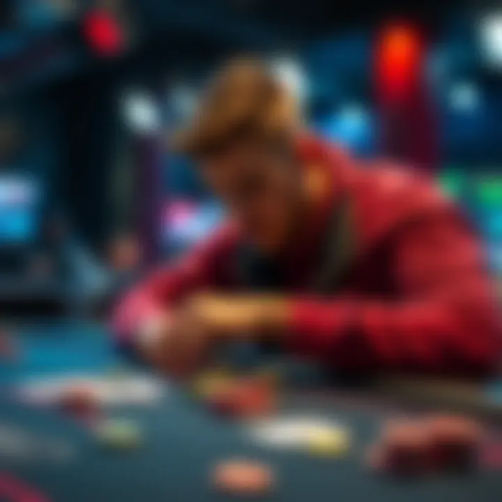A focused poker player studying betting strategies at a table with chips and cards in front of them