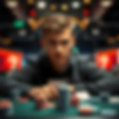 A poker player contemplating whether to go all-in during a tournament bubble, with chips and cards on the table.