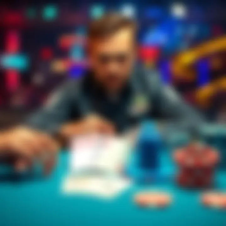 Poker Tournament Decision A player contemplating their move in a high-stakes poker game, with a focus on their pair of 4s and a large pot on the table.