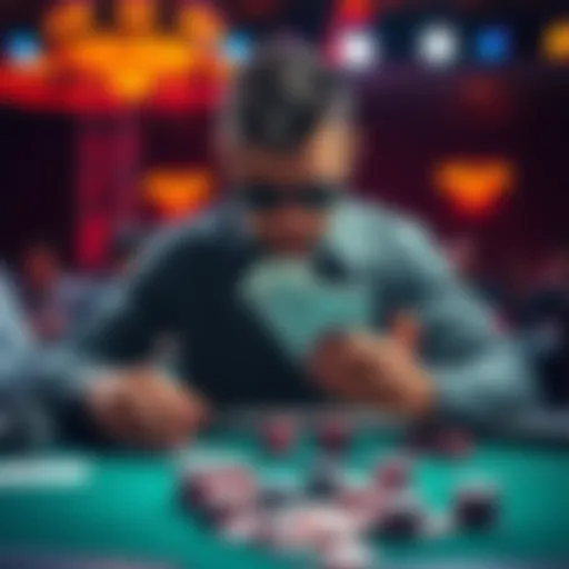 A frustrated poker player at a table after making a critical mistake during a large tournament, showcasing cards and chips