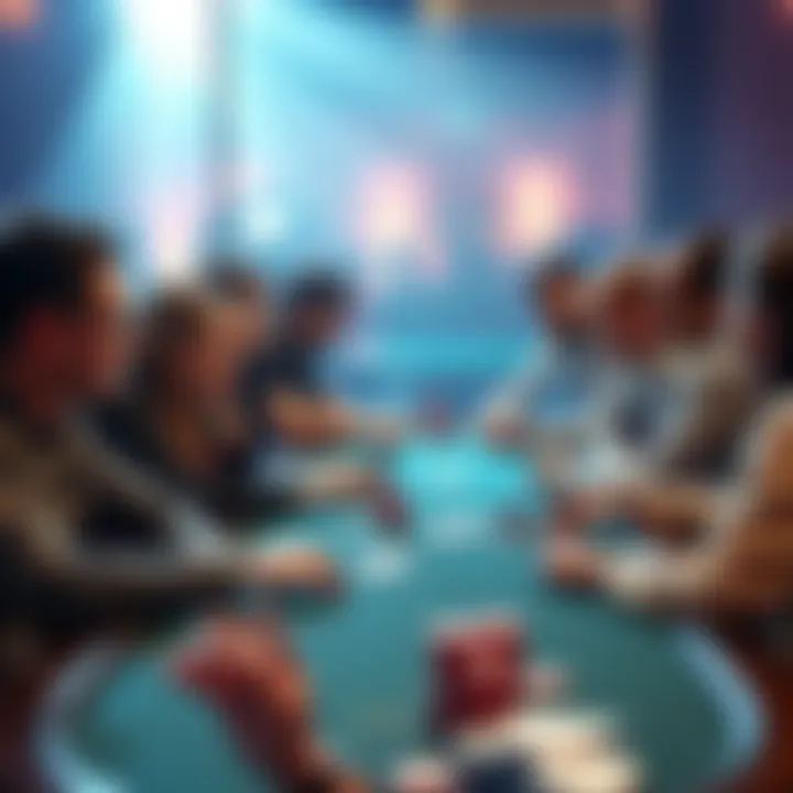 A group of beginners at a poker table learning the game rules and etiquette during a tournament.