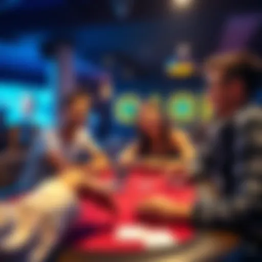 Poker Tournament Friendship A group of friends sitting around a virtual poker table, sharing laughter and enjoying the game, with poker chips and cards visible on the screen.