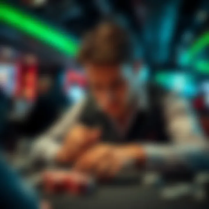 A player focused on their cards at a poker table in Grosvenor Casino during a tournament, showcasing intense concentration and competition.
