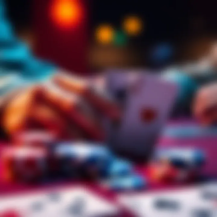 A close-up of poker cards and chips during a tournament, highlighting player strategies and decision-making.