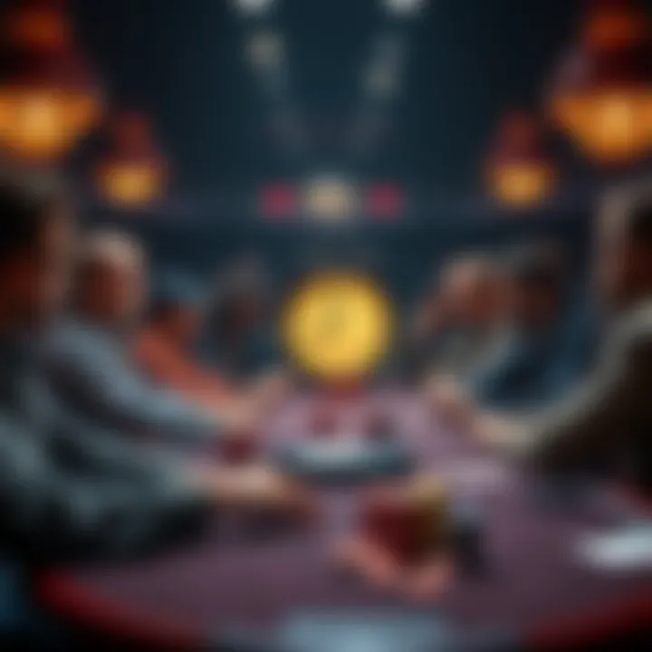 Players at a poker table anticipating the start of a tournament with a clock indicating one hour for late registration.