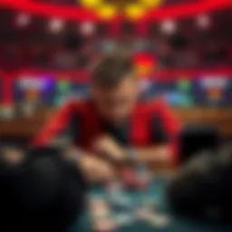 A frustrated poker player sitting at a table with cards and chips, showing signs of disappointment after a loss in a tournament.