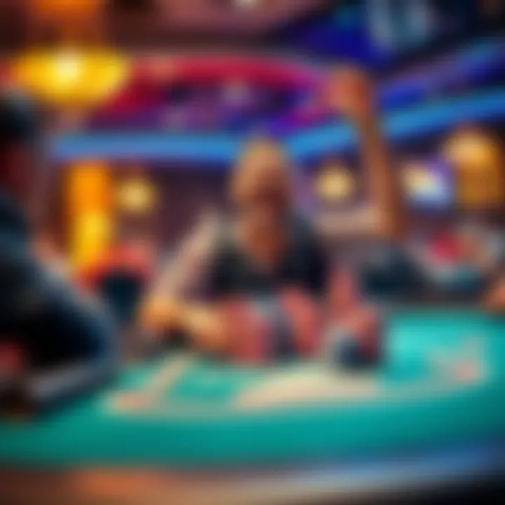 A player celebrating a risky poker move at a tournament table with chips stacked high