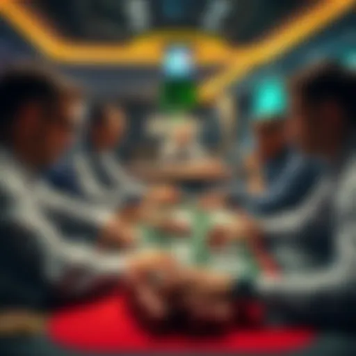 A group of poker players at a table during a tournament, focusing on their cards, with chips and a dealer in the background.