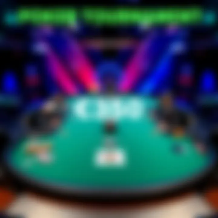 An overview of a poker table with players and a prize pool in the center, highlighting the excitement of live tournaments with a €350 buy-in.
