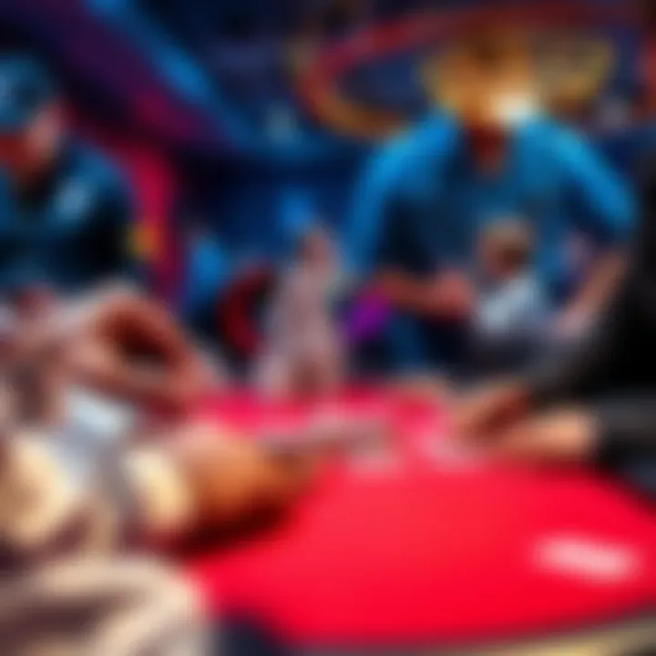 Players competing at a live poker tournament with chips and cards on the table