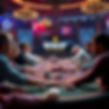 A poker table set up for a tournament with players focused on their cards, chips stacked, and a dealer in action.