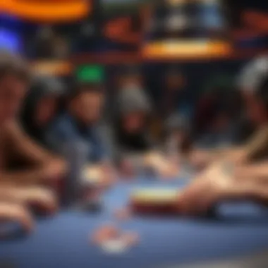 A group of serious poker players focused at a tournament table, chips stacked high, with intense expressions on their faces.