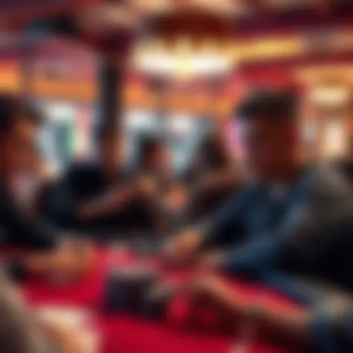 A group of players at a poker table, focused on their cards during a local tournament with chips and cards visible.