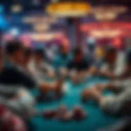 A poker tournament with players focused on their cards and chips, highlighting a discussion on rebuys affecting competition.