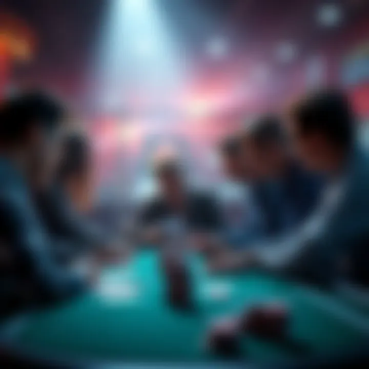 A group of people gathered around a table discussing the password for the Stahngg poker tournament, sharing notes and ideas.