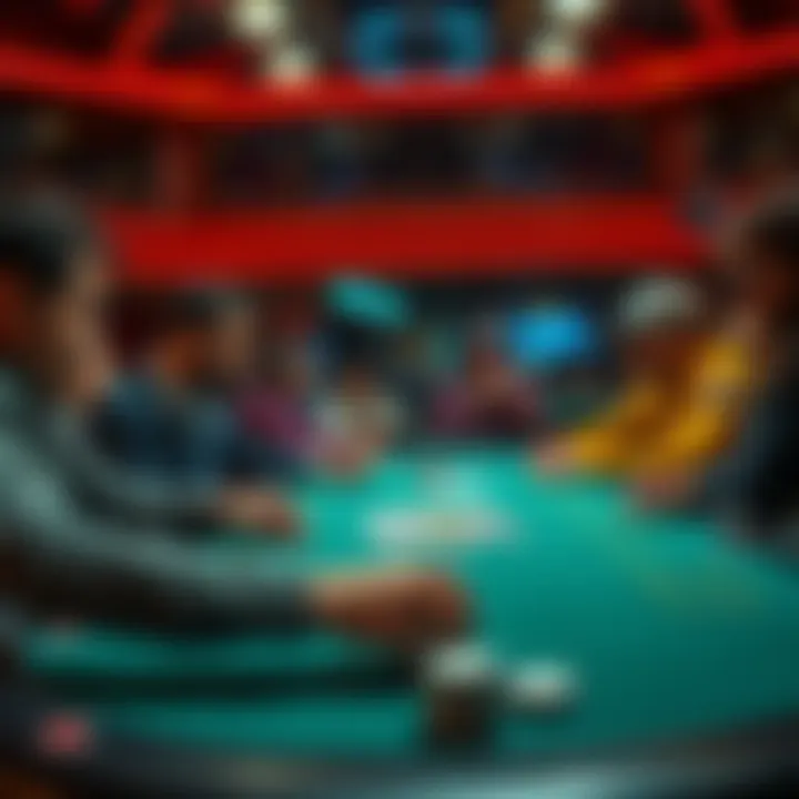 Poker tournament with impressive card sequence Players at a poker table reacting in shock during an impressive sequence of seven cards being revealed.