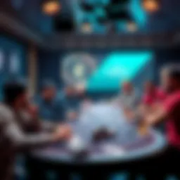 A nostalgic poker tournament show with comedians commenting and players at tables, capturing a fun and light-hearted atmosphere from the 2000s.
