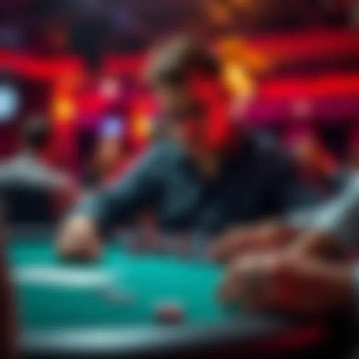 A focused player at a poker table with chips, contemplating their next move during a $1,100 tournament.