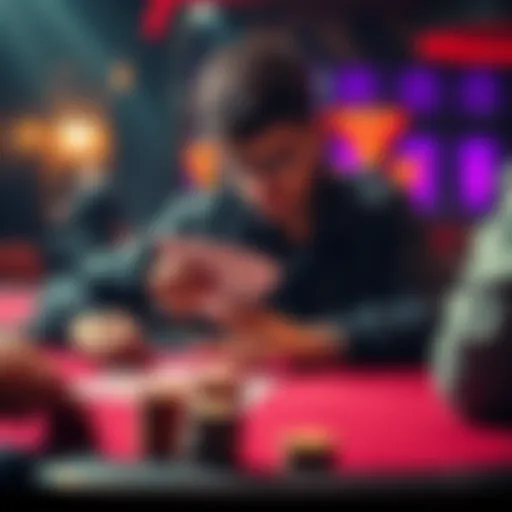 A focused player at a poker table analyzing their hand in a PLO tournament, with four cards visible and chips stacked in front of them.