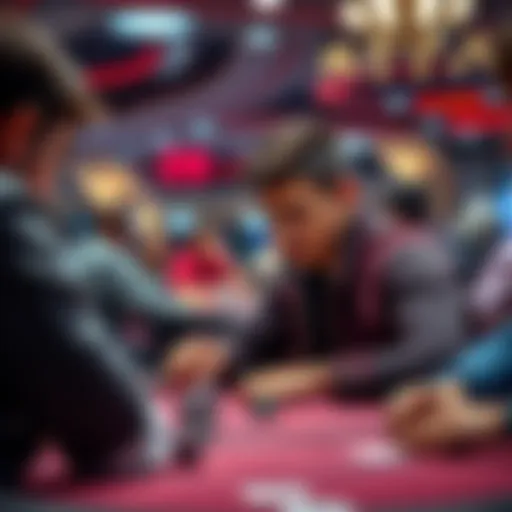 A player focused on adjusting their strategy while playing poker at a crowded table with aggressive opponents.