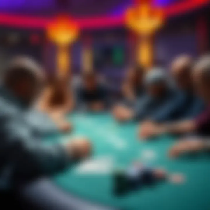 Poker tournament table with players A group of players at a poker tournament, focused on their cards and chips, illustrating the excitement and risks of tournament play.