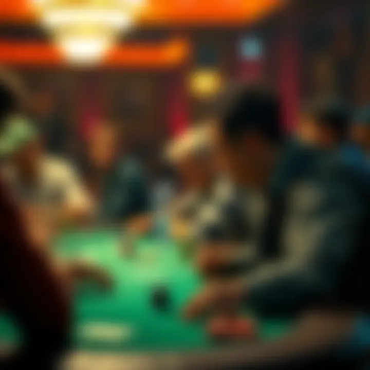 A frustrated poker player at a table, glancing at a competitor with a physical disability, while others watch the game unfold.