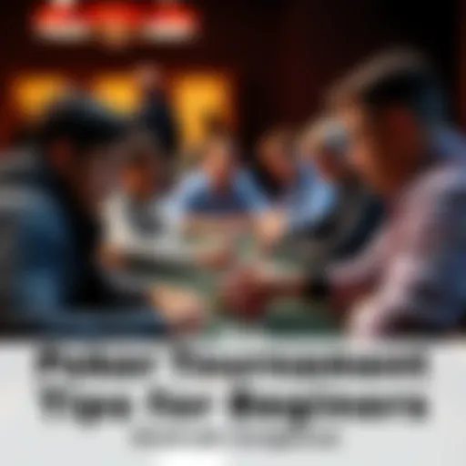 A group of beginner poker players at a tournament table, focused and strategizing their moves with poker chips and cards in front of them.