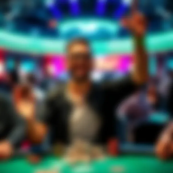 A player celebrating winning a poker tournament, showing excitement and joy after a successful game.