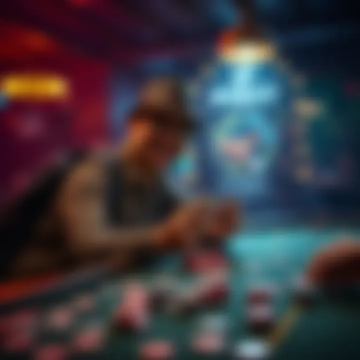 A solo traveler sitting at a poker table, laughing and holding cards, with chips scattered around