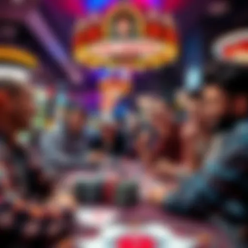A group of friends playing poker in a lively casino in Las Vegas, smiling and enjoying their game