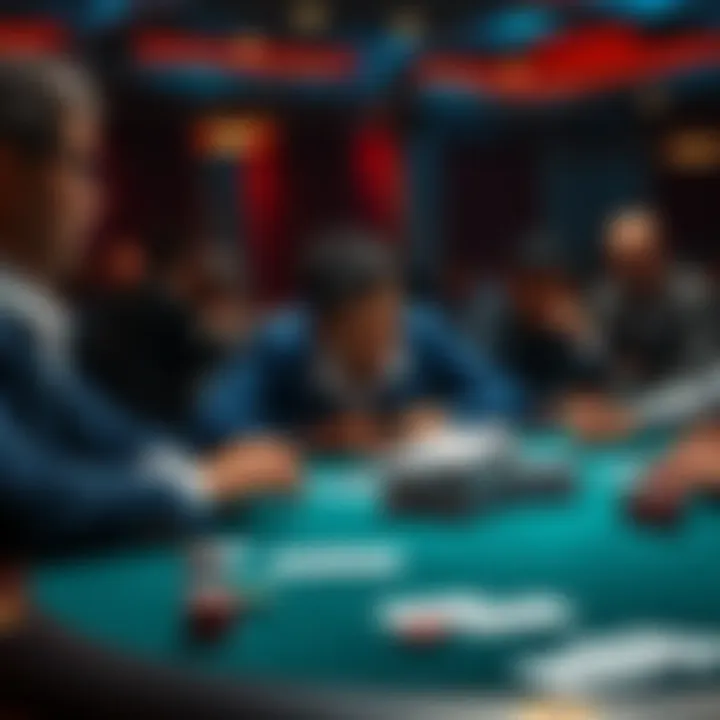 A poker table showing unexpected cards being revealed, with a player looking surprised and others watching closely.