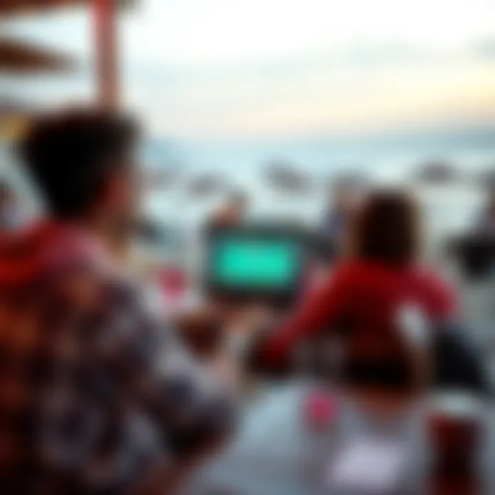 A person enjoying a game of poker on a laptop while sitting at a beachside café in Europe
