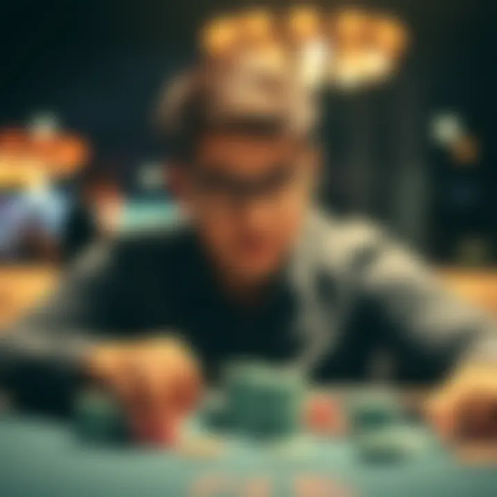 Poker player embracing variance A focused poker player at a table, contemplating their next move with poker chips in front of them, showcasing the concept of variance in the game.