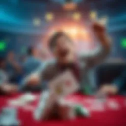 A player joyfully celebrating after winning two poker tournaments, surrounded by cards and chips on the table.