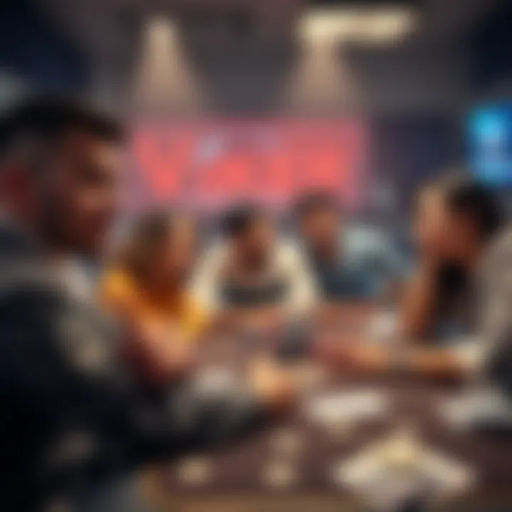 A group of poker vloggers giving tips at a desk, with cards and chips on the table, showing a mix of enthusiasm and uncertainty.