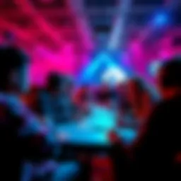 A lively scene showing poker vloggers engaging with fans at a TikTok event, discussing content and styles